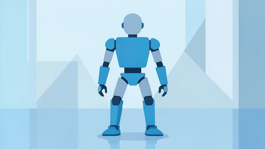 A flat vector illustration of a bipedal robot standing on a polished factory floor with abstract geometric shapes in the background.