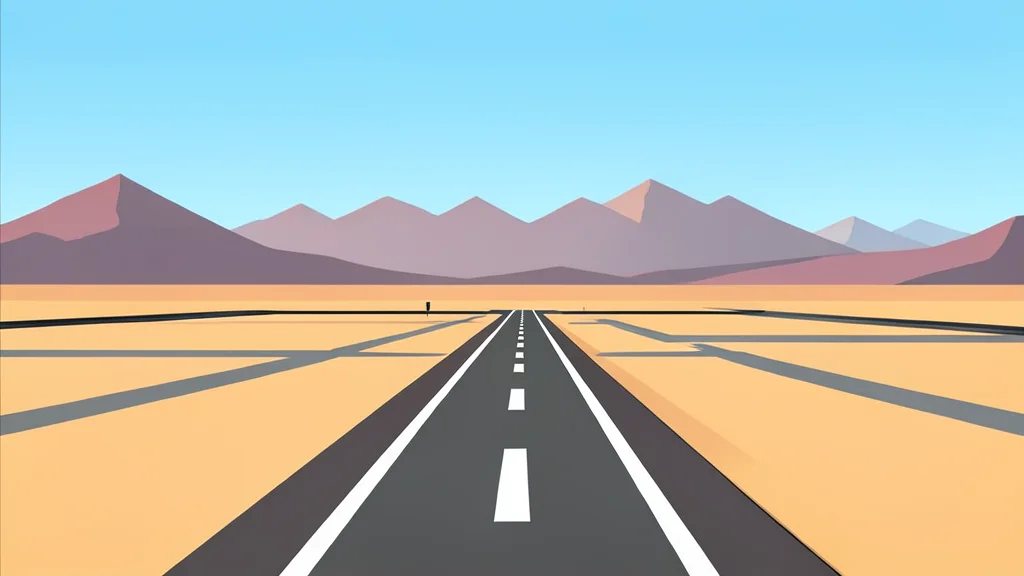 A flat-vector illustration of a desert landscape featuring a military airbase runway stretching toward distant mountains under a clear sky.