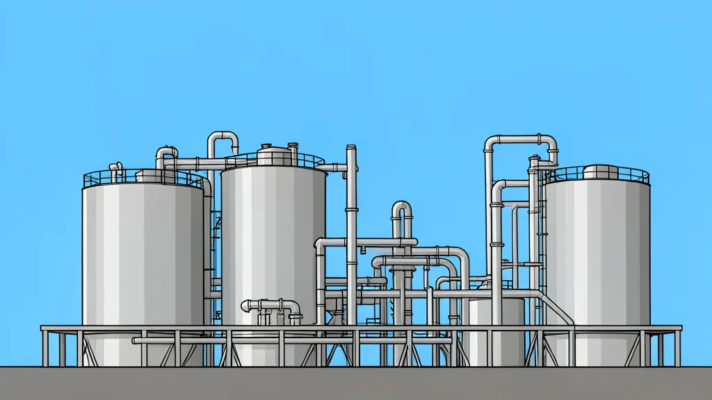 A large industrial gas liquefaction facility with silver storage tanks and piping against a clear sky