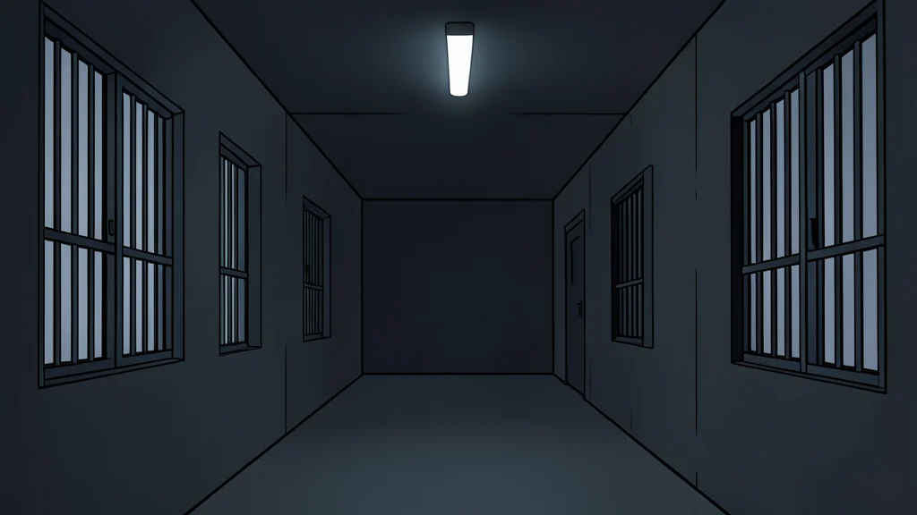 A dimly lit concrete corridor with barred windows and a single flickering fluorescent light tube