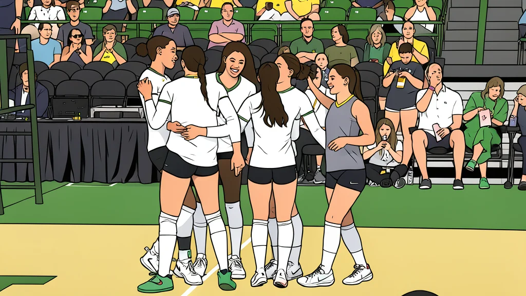 A white volleyball resting on a polished wooden gymnasium floor near a net post