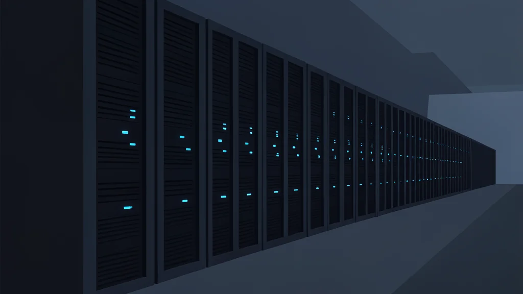 A long row of tall, dark server racks with glowing blue status lights in a dimly lit room