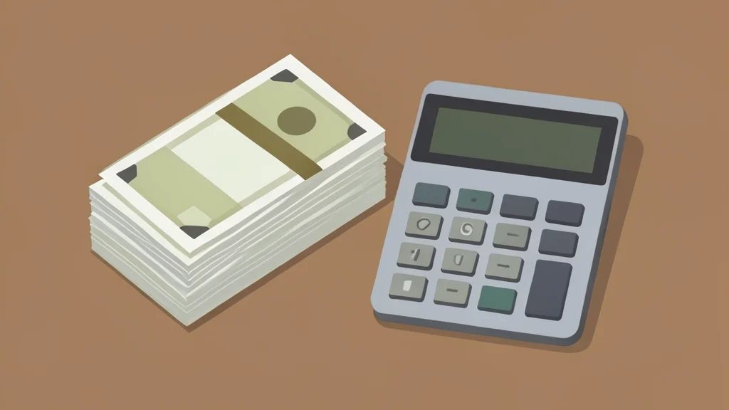 A stack of physical currency notes and a calculator on a wooden desk