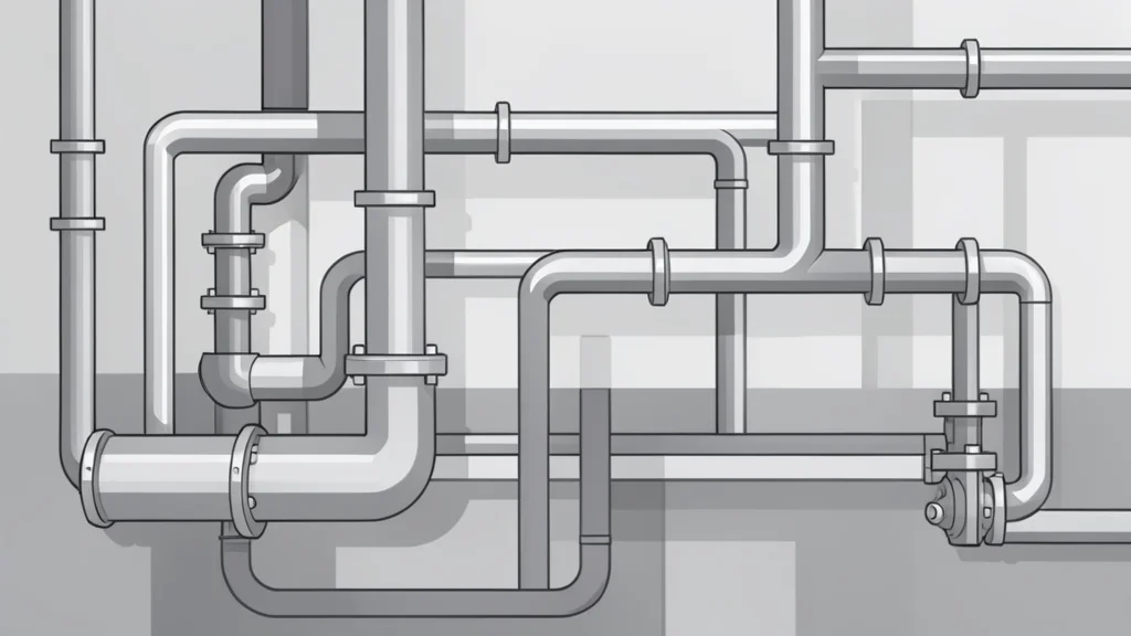 A network of large industrial metal pipes and valves in a factory setting