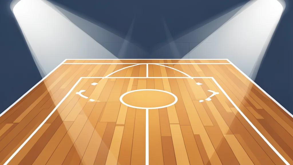 A close-up view of a polished basketball court floor with painted white lines and a center circle, illuminated by bright overhead stadium lights.