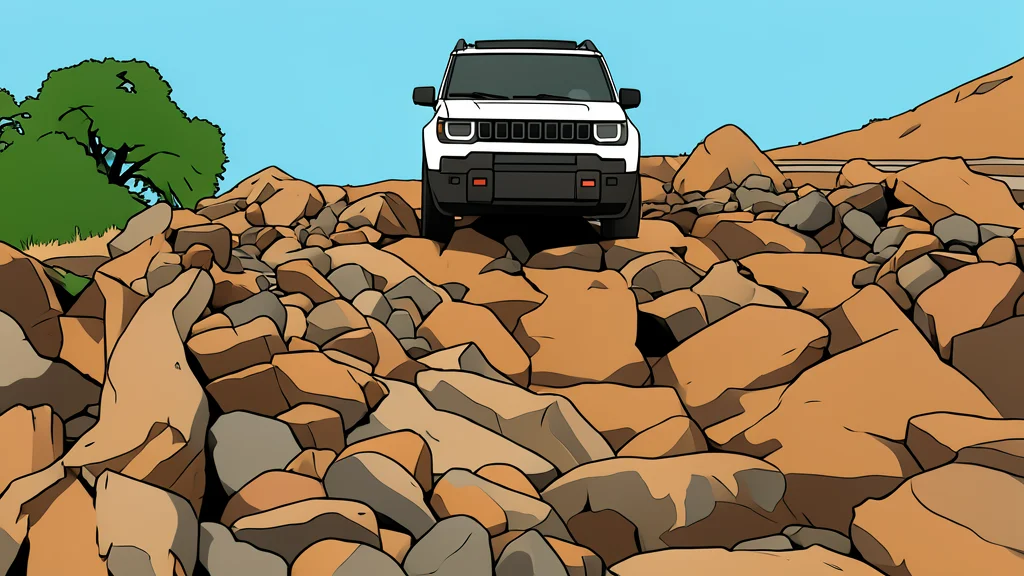 A rugged, boxy electric vehicle parked on a gravel trail with mountains in the background