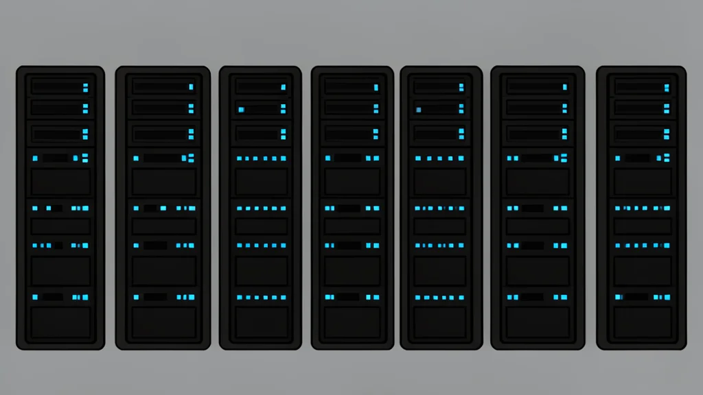 A modern server room with rows of black computer towers and glowing blue status lights