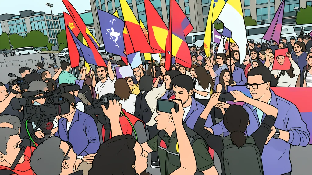 A large crowd of people holding blank white banners on a city street