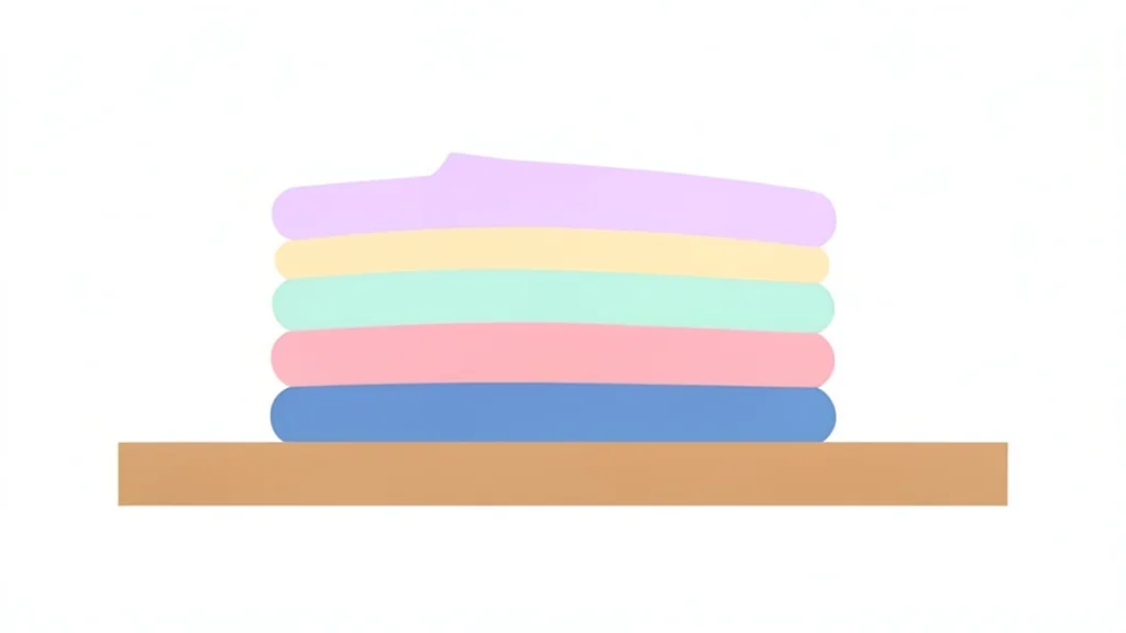A neatly folded stack of colorful clothing items on a wooden shelf