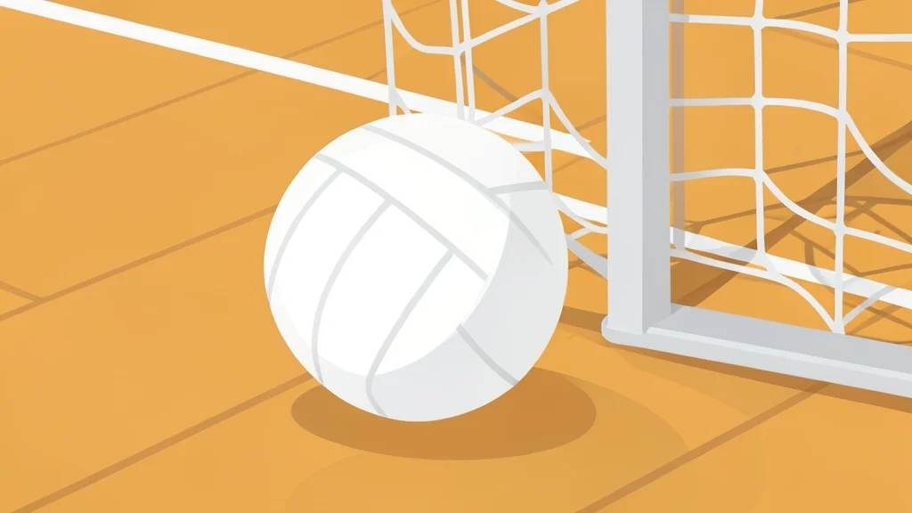 A white volleyball resting on a polished wooden gymnasium floor near a net post