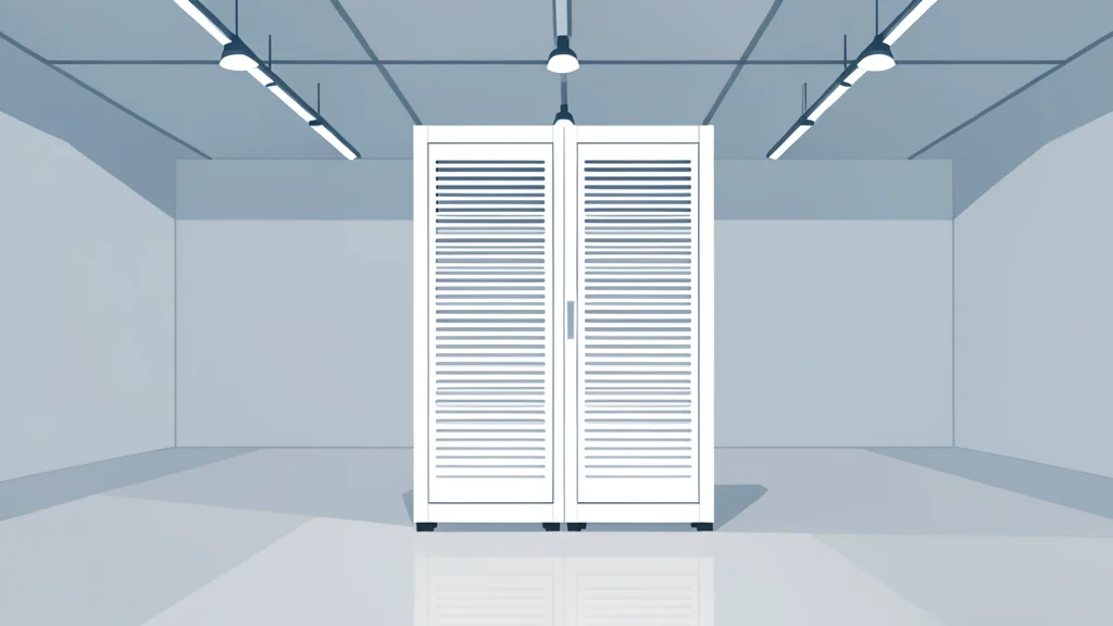 A large white industrial server rack standing in a vast empty data center hall with polished concrete floors.