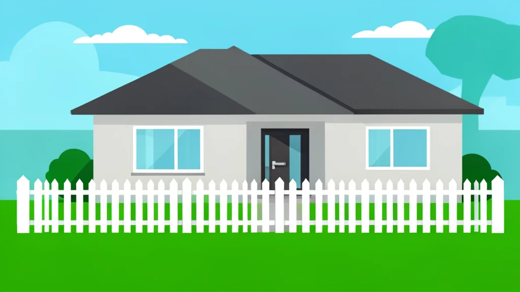 A modern suburban house with a white picket fence and a manicured lawn
