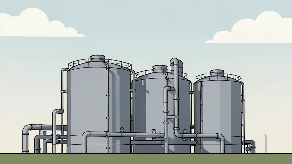 A cluster of cylindrical storage tanks and industrial piping infrastructure under a hazy sky