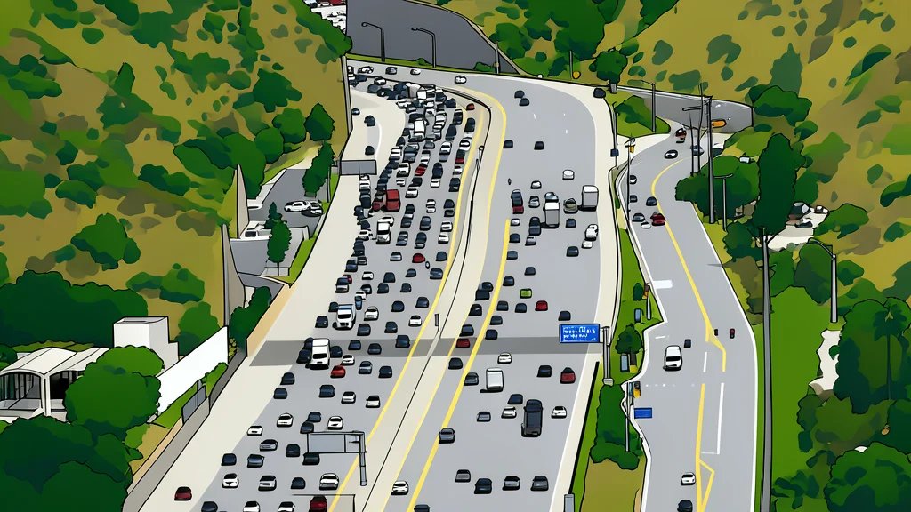 A wide multi-lane highway stretching into the distance with blue lane markings