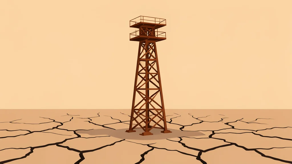A rusted steel oil derrick standing in a dry, cracked landscape under a hazy sky