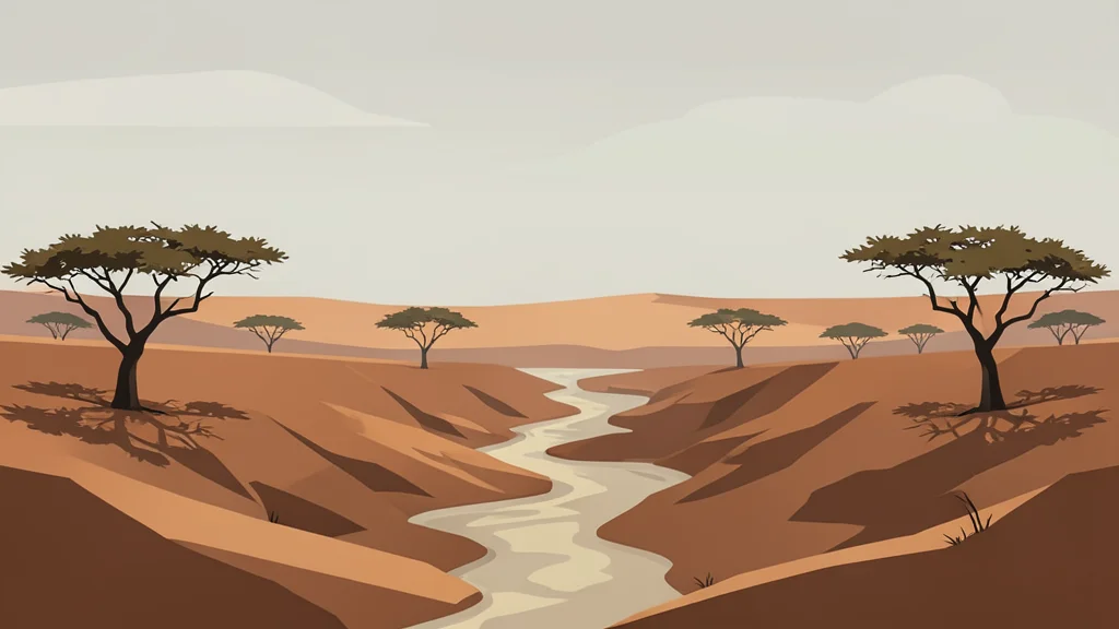 A dry, arid landscape featuring sparse acacia trees and cracked earth under a hazy, muted sky.