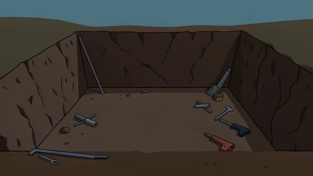 A dark, open-pit excavation site with rough earth walls and scattered mining tools