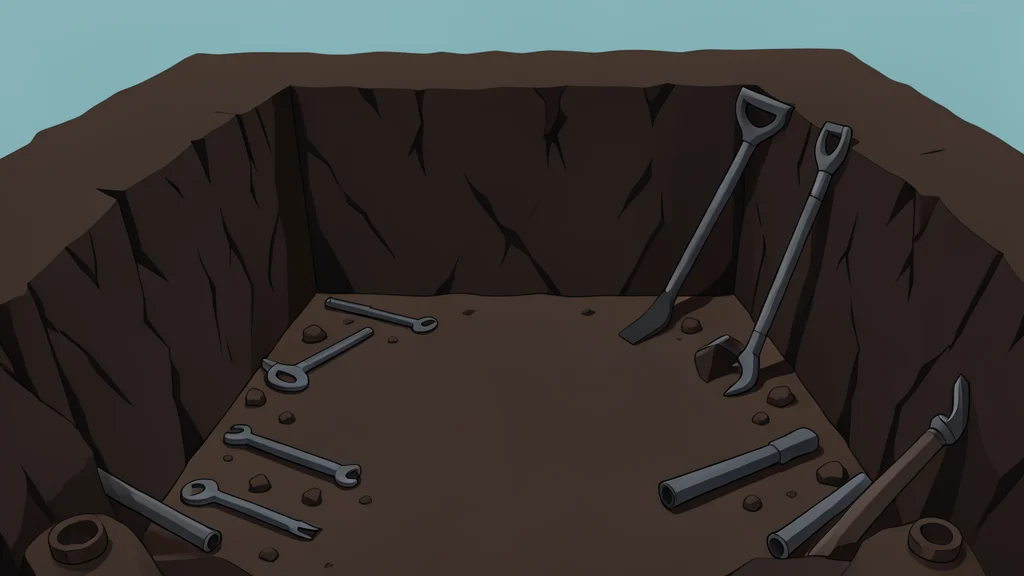 A dark, open-pit excavation site with rough earth walls and scattered mining tools
