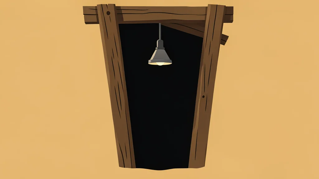 A dark, narrow shaft in sandy earth with rough wooden supports and a single hanging lamp