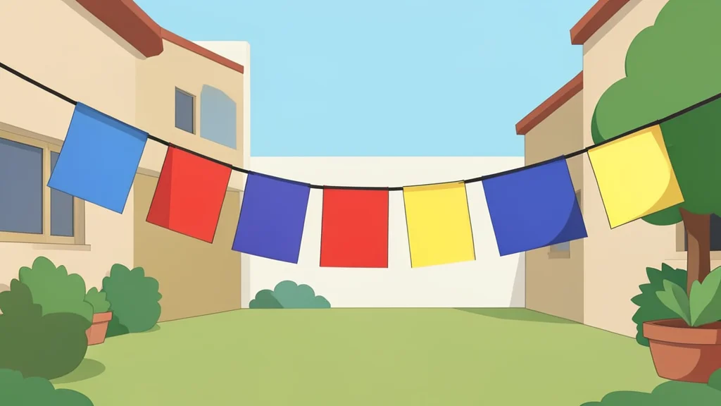 A row of colorful flags hanging from a clothesline in a courtyard