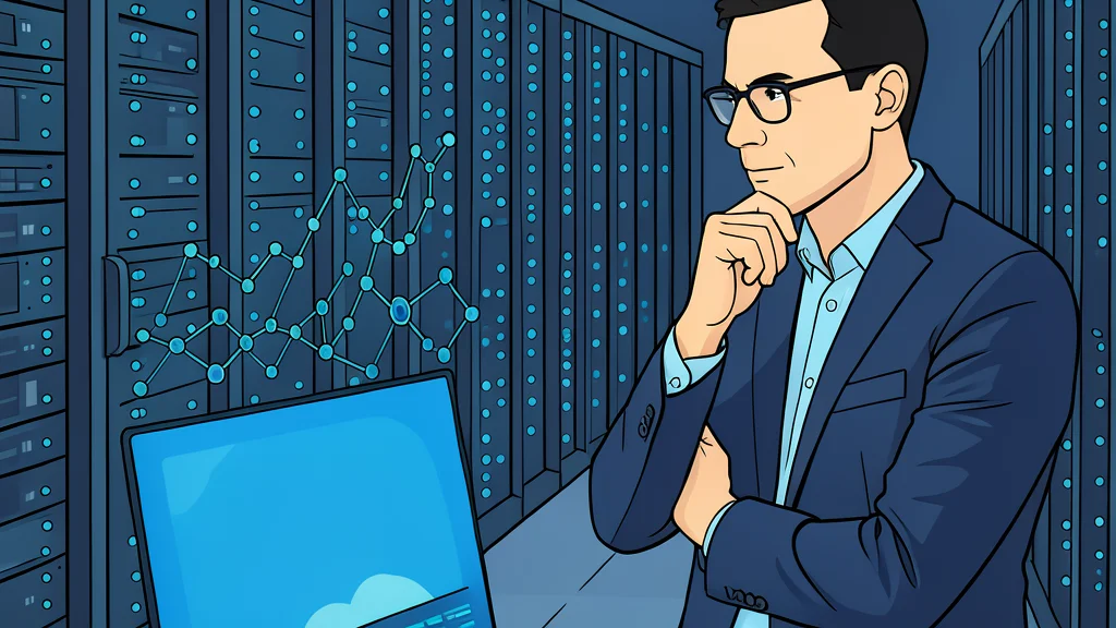 A vast, dimly lit server room with rows of tall, black metal cabinets and glowing blue status lights