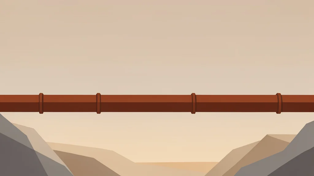 A long, rusted steel pipeline stretching across a dry, rocky desert landscape under a hazy sky