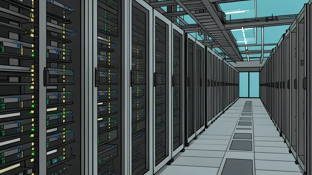 A dimly lit warehouse filled with rows of tall black server racks and thick bundles of cables running along the floor.