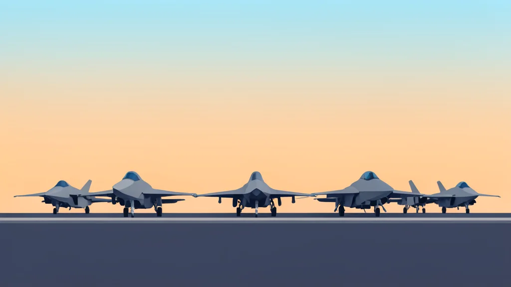 A row of stationary fighter jets on a runway at dawn