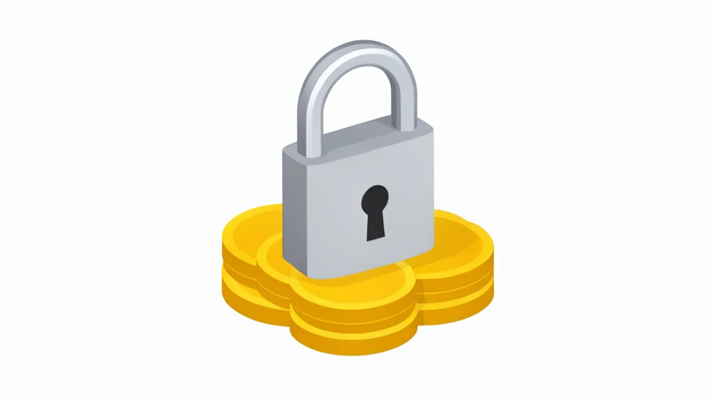 A digital padlock resting on a stack of metallic coins