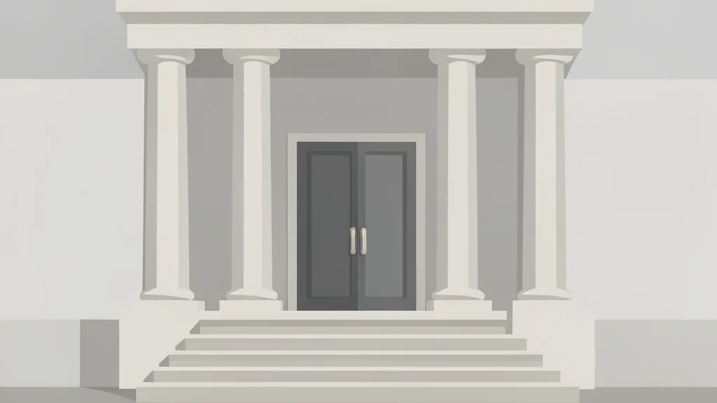 A classical stone building with tall columns and a wide staircase leading to double doors