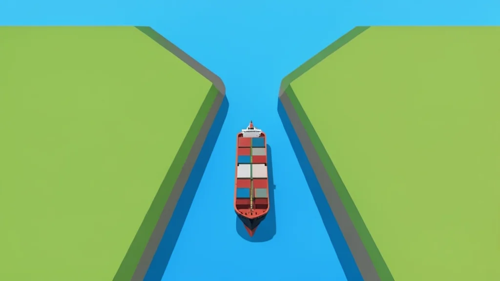A narrow strait of water connecting two large landmasses with a cargo ship passing through