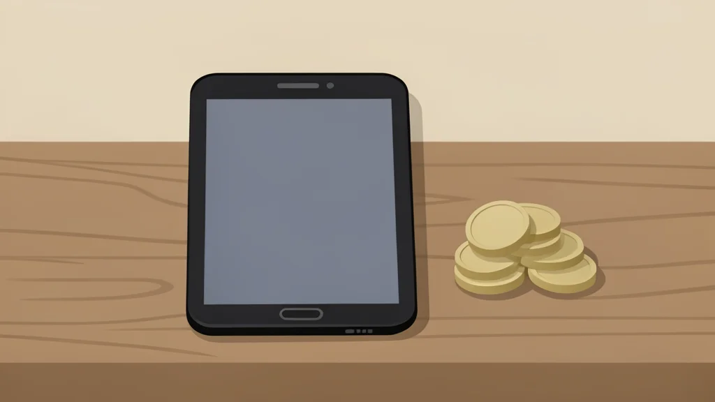 A single modern smartphone resting on a wooden table next to a small pile of coins
