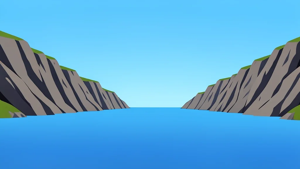 A wide, calm stretch of water bordered by steep, rocky cliffs under a clear sky