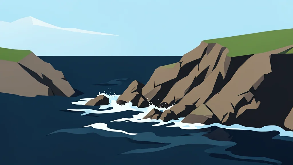 A rugged, rocky coastline in the South Atlantic with dark waves crashing against jagged cliffs