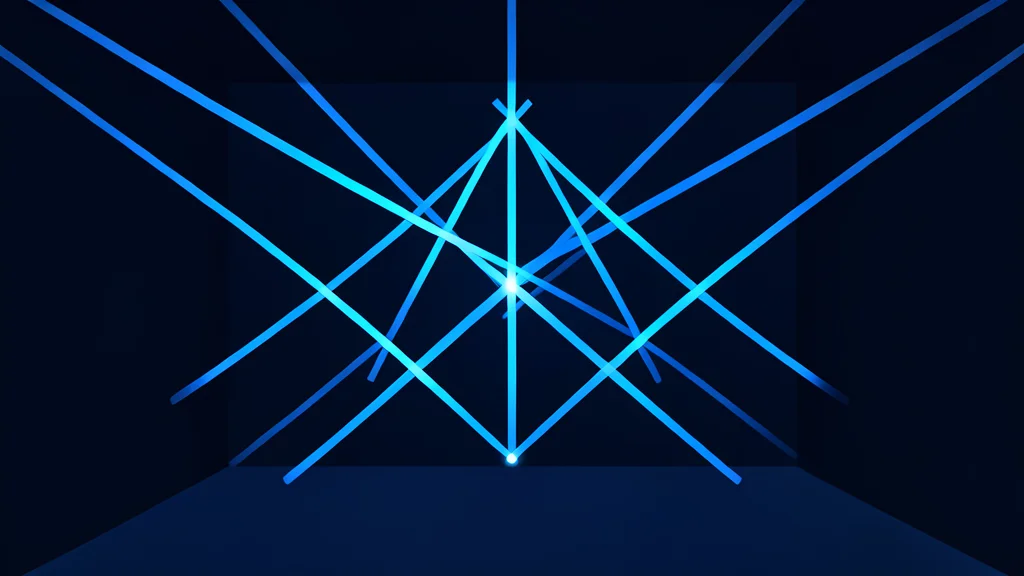 A complex lattice of glowing blue light beams intersecting in a dark vacuum chamber
