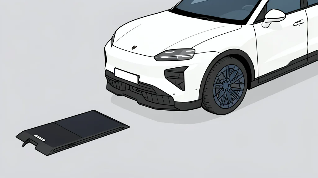 A sleek electric SUV parked on a flat, circular charging pad embedded in a concrete driveway.