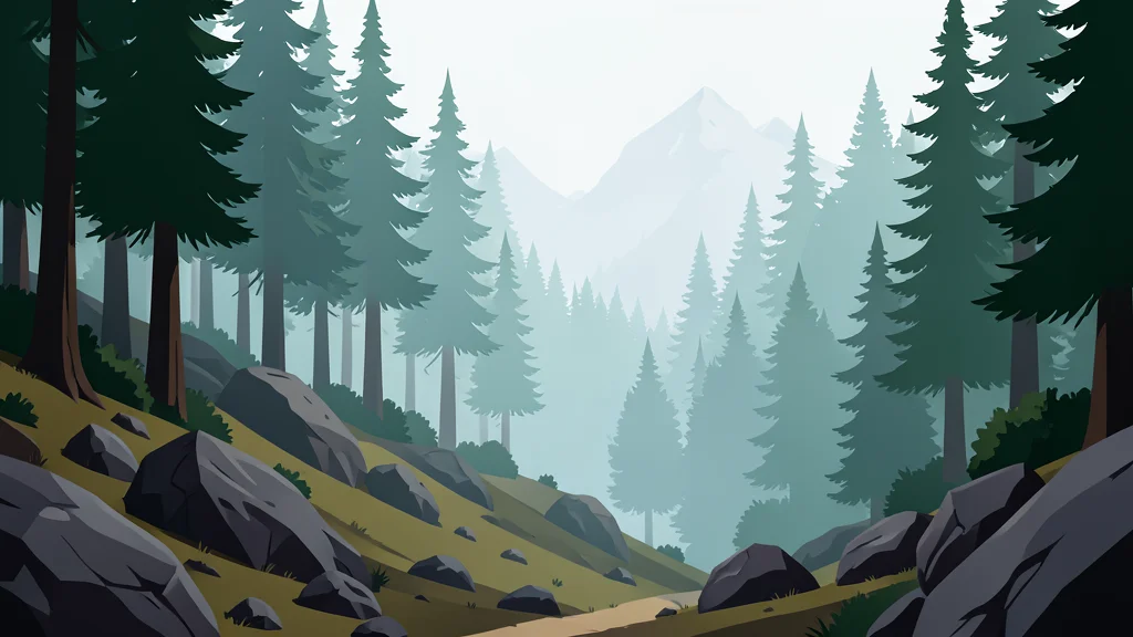 A dense, misty pine forest in the Himalayan foothills with rugged terrain and scattered boulders