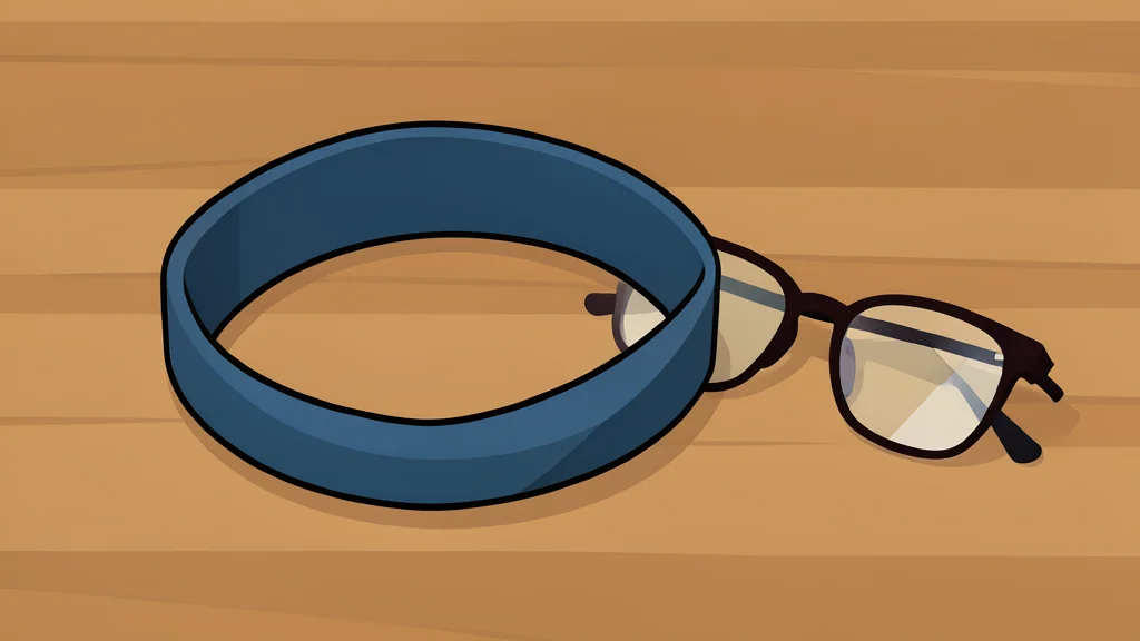 A sleek, curved headband resting on a wooden surface next to a pair of reading glasses