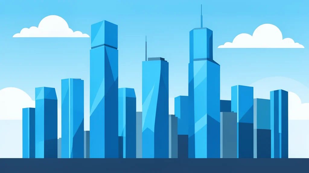 A modern financial district skyline with glass skyscrapers reflecting the sky