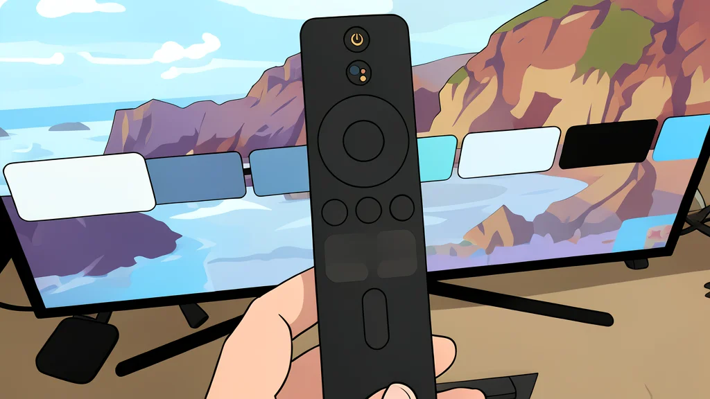 A sleek, matte black rectangular media streaming box sitting on a wooden shelf next to a remote control