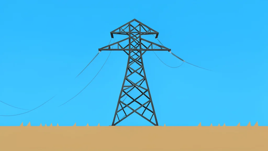 A high-voltage transmission tower standing in a dry, grassy landscape under a clear sky