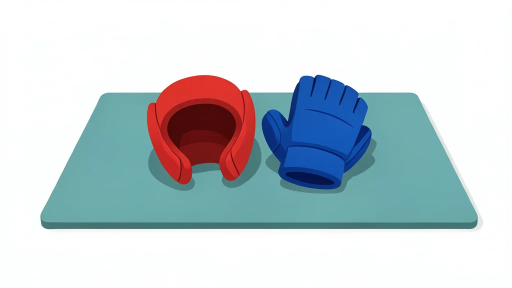 A martial arts training mat with a pair of protective headgear and gloves resting on it