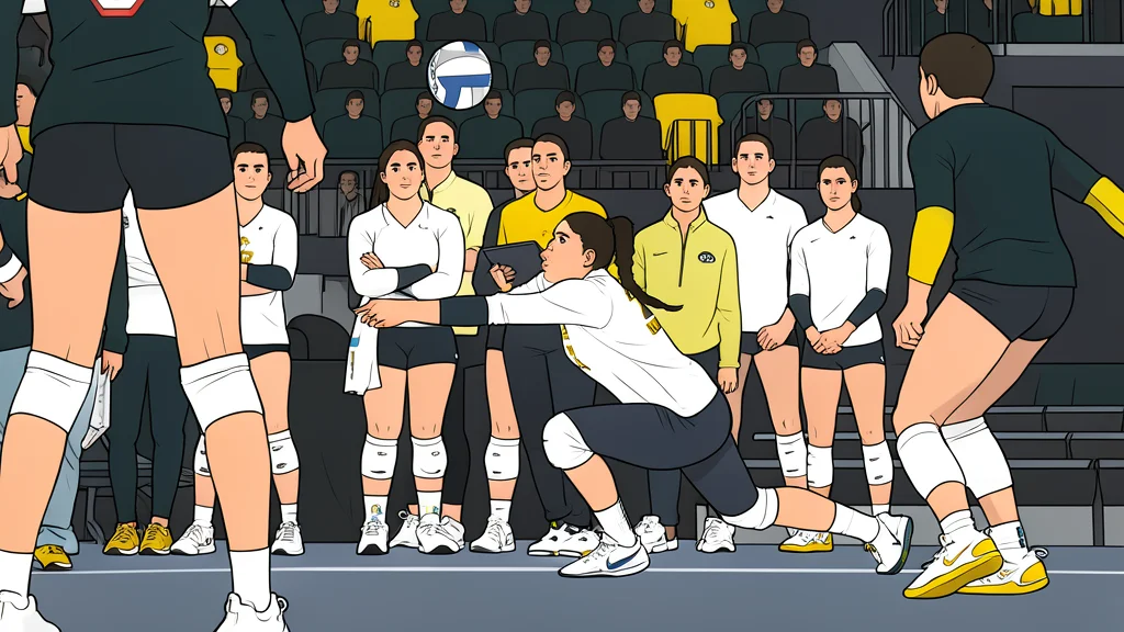 A white volleyball resting on a polished wooden gymnasium floor near a net post.