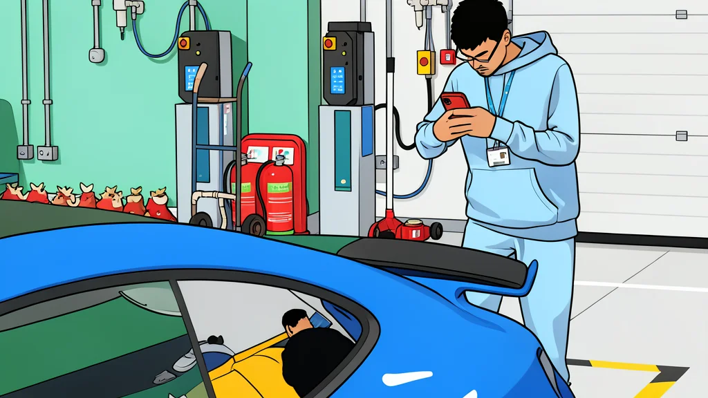 A modern industrial workshop featuring vehicle lifts and electric vehicle charging stations.