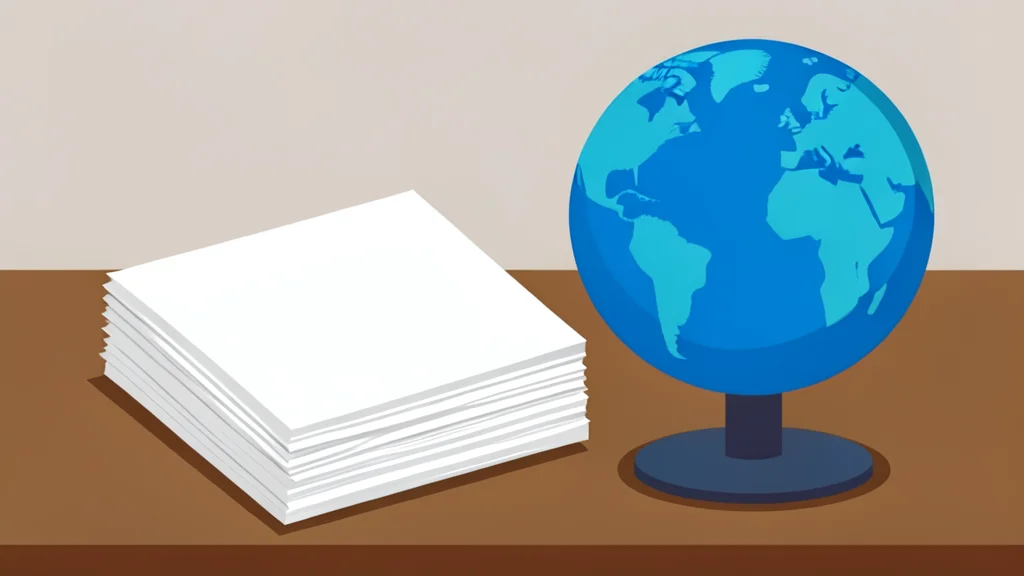 A stack of government bond certificates resting on a wooden desk next to a globe
