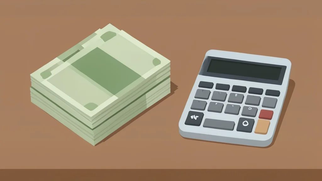 A stack of physical currency notes and a calculator on a wooden desk