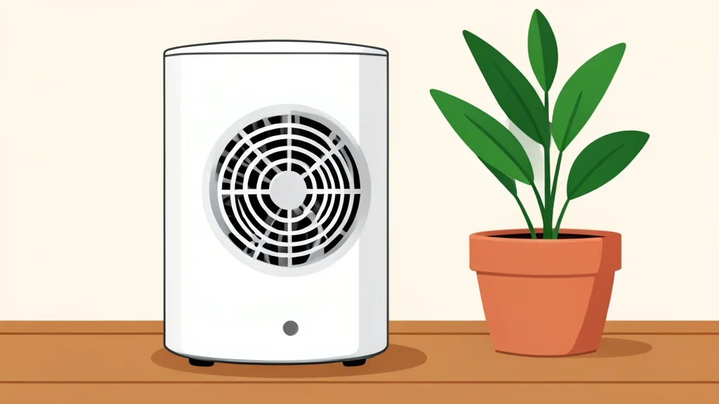 A white cylindrical air purifier with a circular air intake grille and a small digital display panel on top, standing on a wooden floor next to a potted plant.