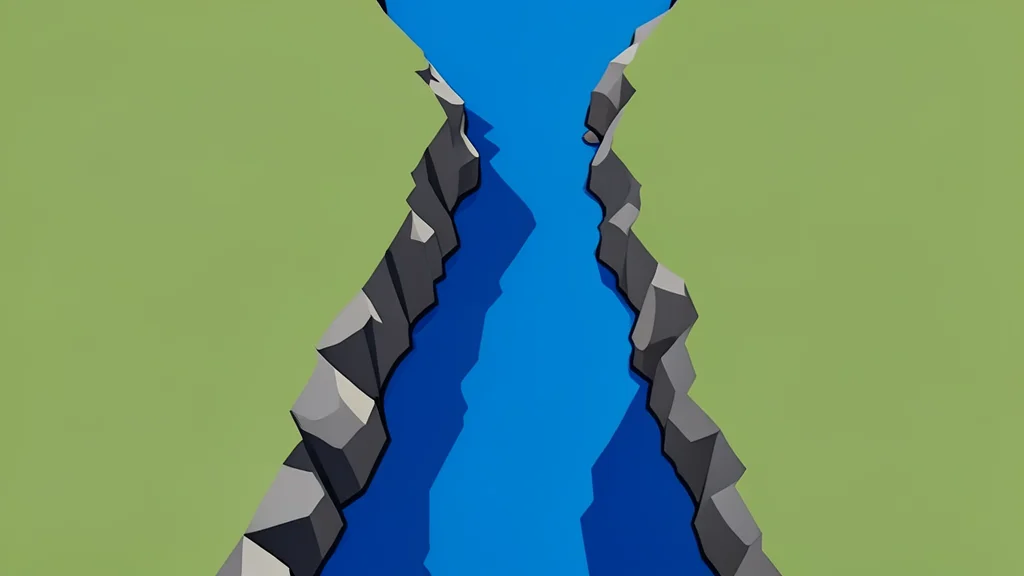 A narrow, rocky strait connecting two large landmasses with deep blue water flowing through the center