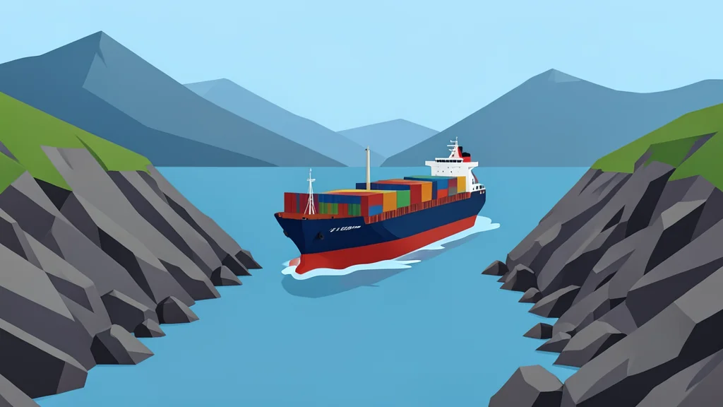 A cargo ship navigating through a narrow, rocky strait with calm water and distant mountains