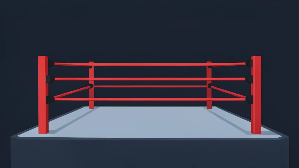 A professional wrestling ring with red ropes and turnbuckles in an empty arena